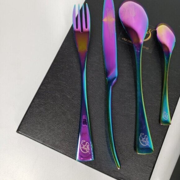 Iridescent Cutlery Four Piece Set in Box New Stainless Steel Rainbow - Picture 10 of 13